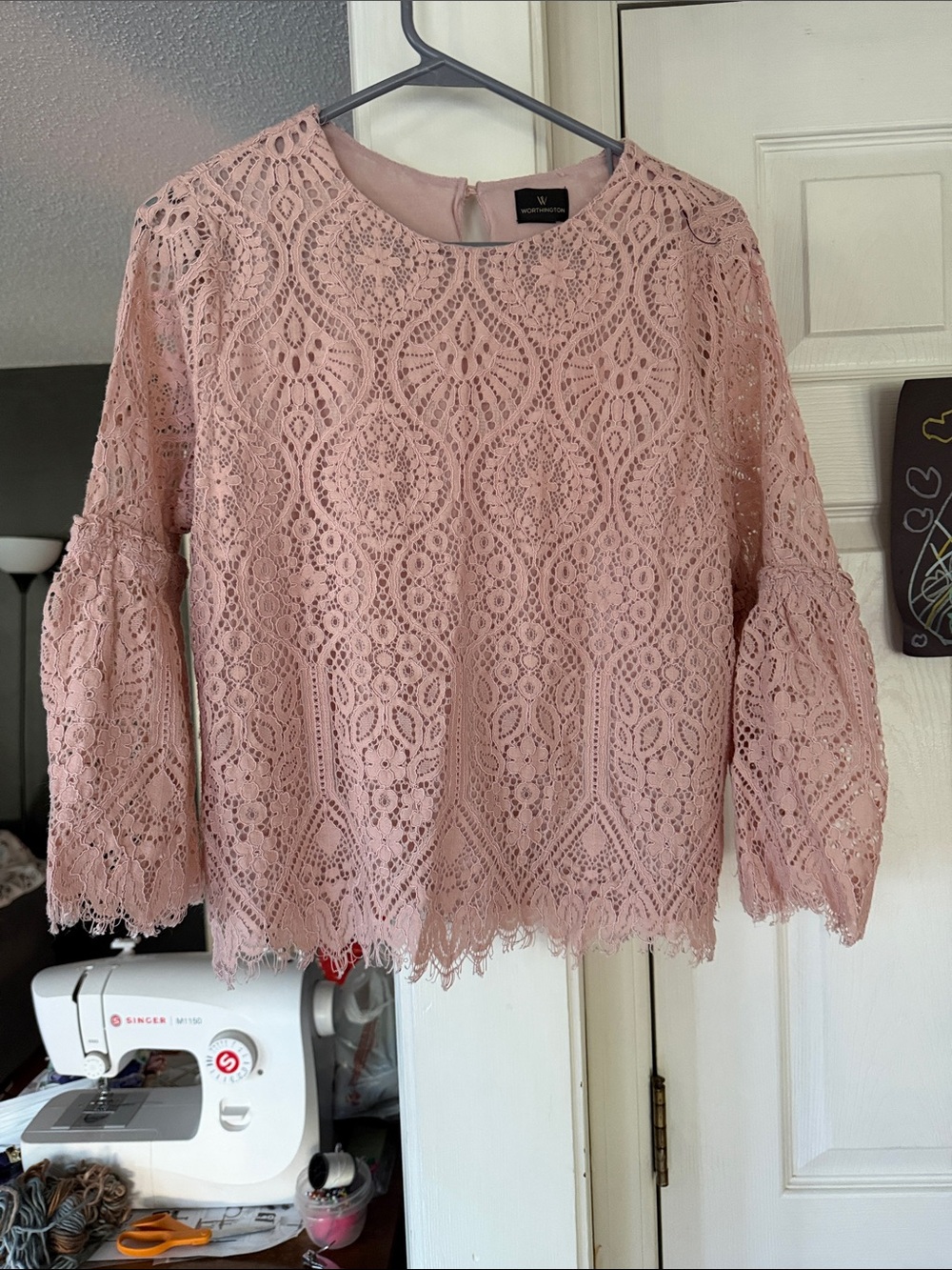 Worthington Dusty Pink Lace Bell-Sleeve Blouse